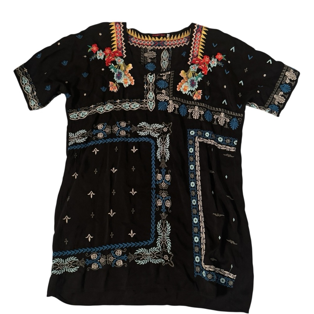 Johnny Was Black Embroidered Cupra Tunic Top Size Medium Boho Lagenlook